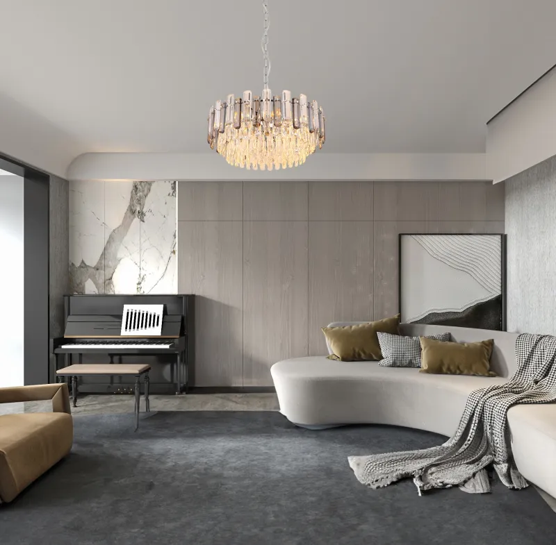 Orgina Ø60 Rookkleurig kristal Van Globo Lighting - Takkronan Orgina tillf&ouml;r rummet en lyxig k&auml;nsla med gnistrande kristaller och r&ouml;kf&auml;rgade glasstavar.