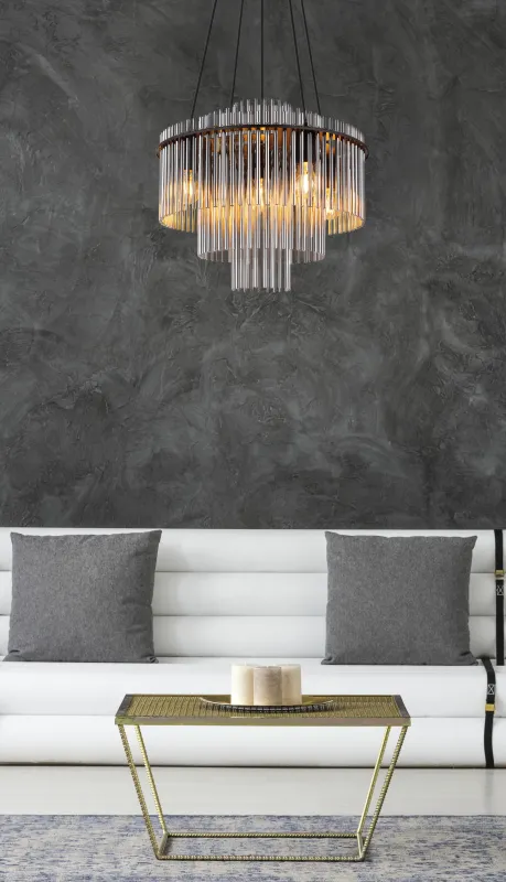 Gorley Ø50 Rookkleurig hanglamp Van Globo Lighting - Med sin runda form och sk&auml;rm av r&ouml;kf&auml;rgade glasstavar skapar den en sofistikerad ljusbild och en st&auml;mningsfull atmosf&auml;r.
