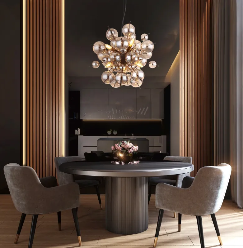 Udo Ø55 Rookkleurig hanglamp Van Globo Lighting - Dess unika design imponerar med en rund form d&auml;r eleganta metallst&auml;nger sammanl&auml;nkas med dekorativa kulor i olika storlekar.
