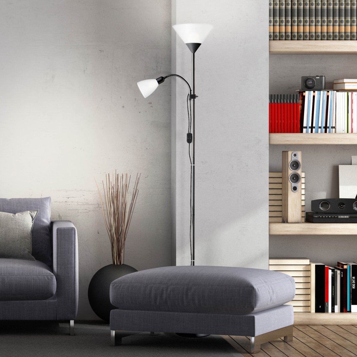 Spari Zwart vloerlamp Van Brilliant - Met een hoogte van 1,8 meter is Spari een indrukwekkende lamp in huis.