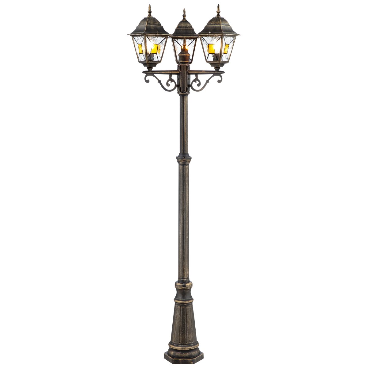 Janel 225cm Antiek zwart lantaarnpaal Van Brilliant - Met zijn klassieke design en drie lichtpunten is hij gemaakt van robuust metaal en bestand tegen alle weersomstandigheden.