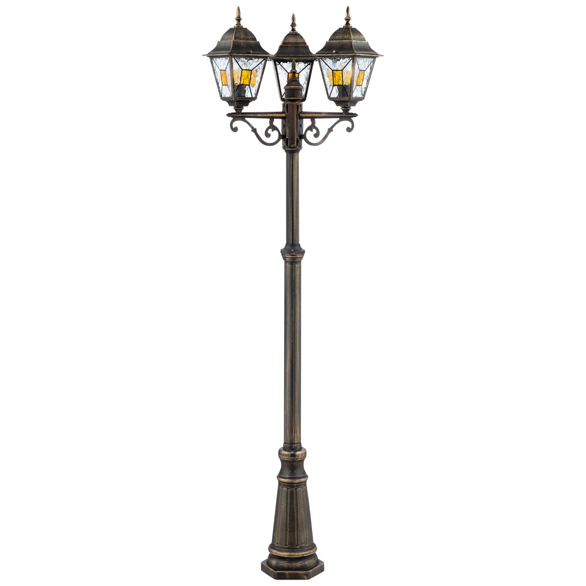 Janel 225cm Antiek zwart lantaarnpaal Van Brilliant - Met zijn klassieke design en drie lichtpunten is hij gemaakt van robuust metaal en bestand tegen alle weersomstandigheden.