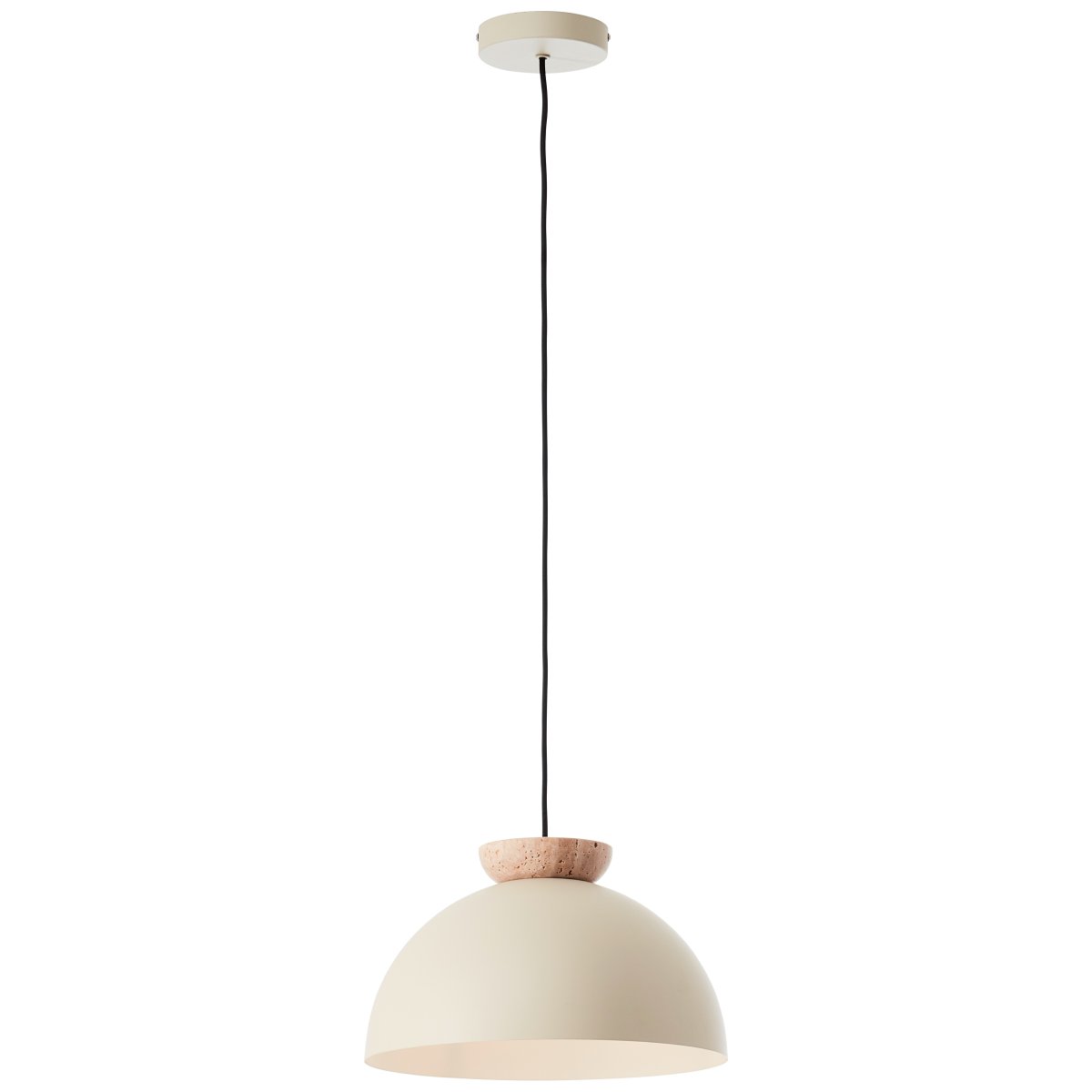 Nalam Ø35 Beige hanglamp Van Brilliant - De lamp combineert een beige metalen kap met een elegant travertijn element, wat een tijdloze uitstraling creëert.