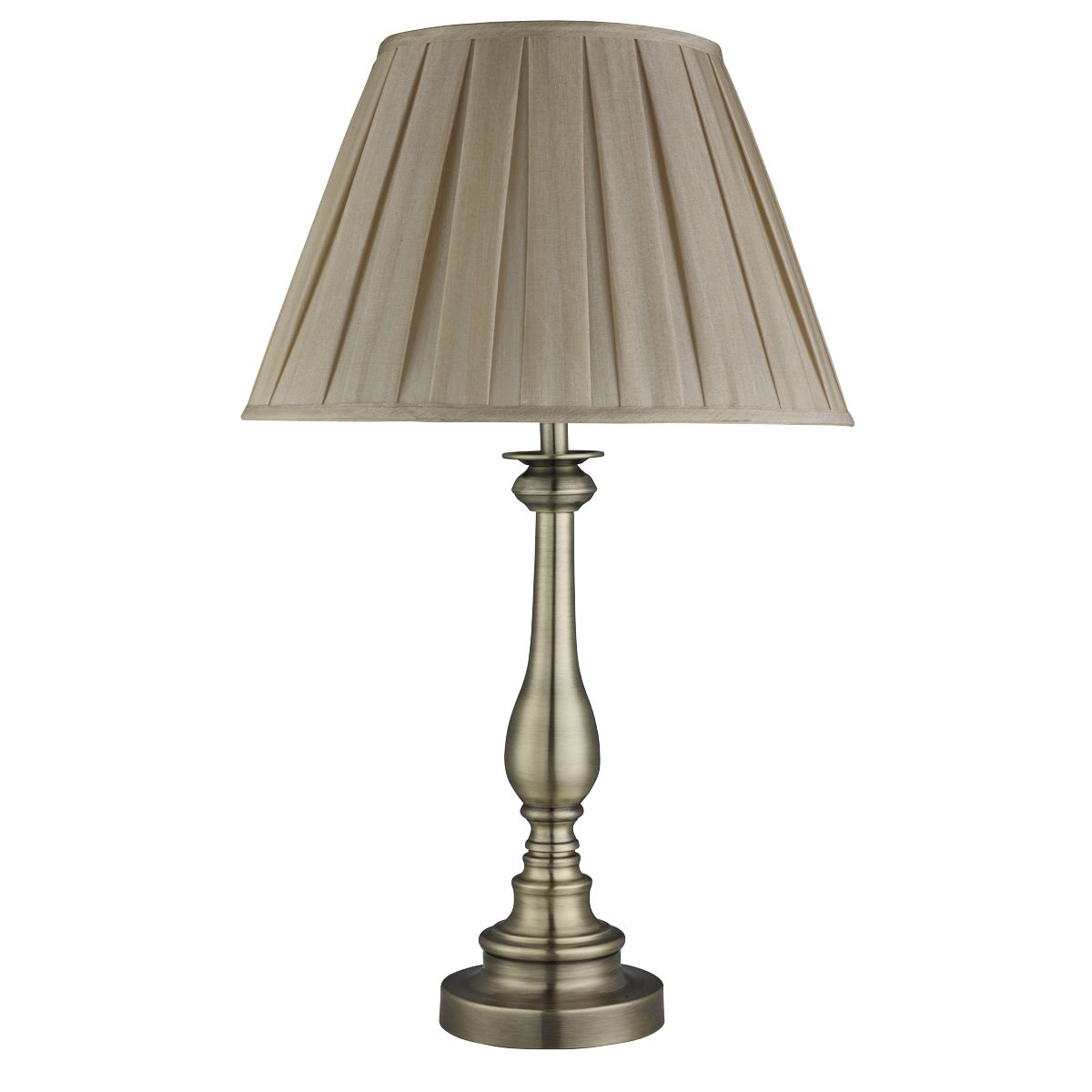 Flemish 62cm Antiek messing tafellamp Van Searchlight - Met een decoratieve metalen voet van antiek messing en een prachtig geplooide kap van zacht beige stof cre&euml;ert de lamp een warme en uitnodigende sfeer.