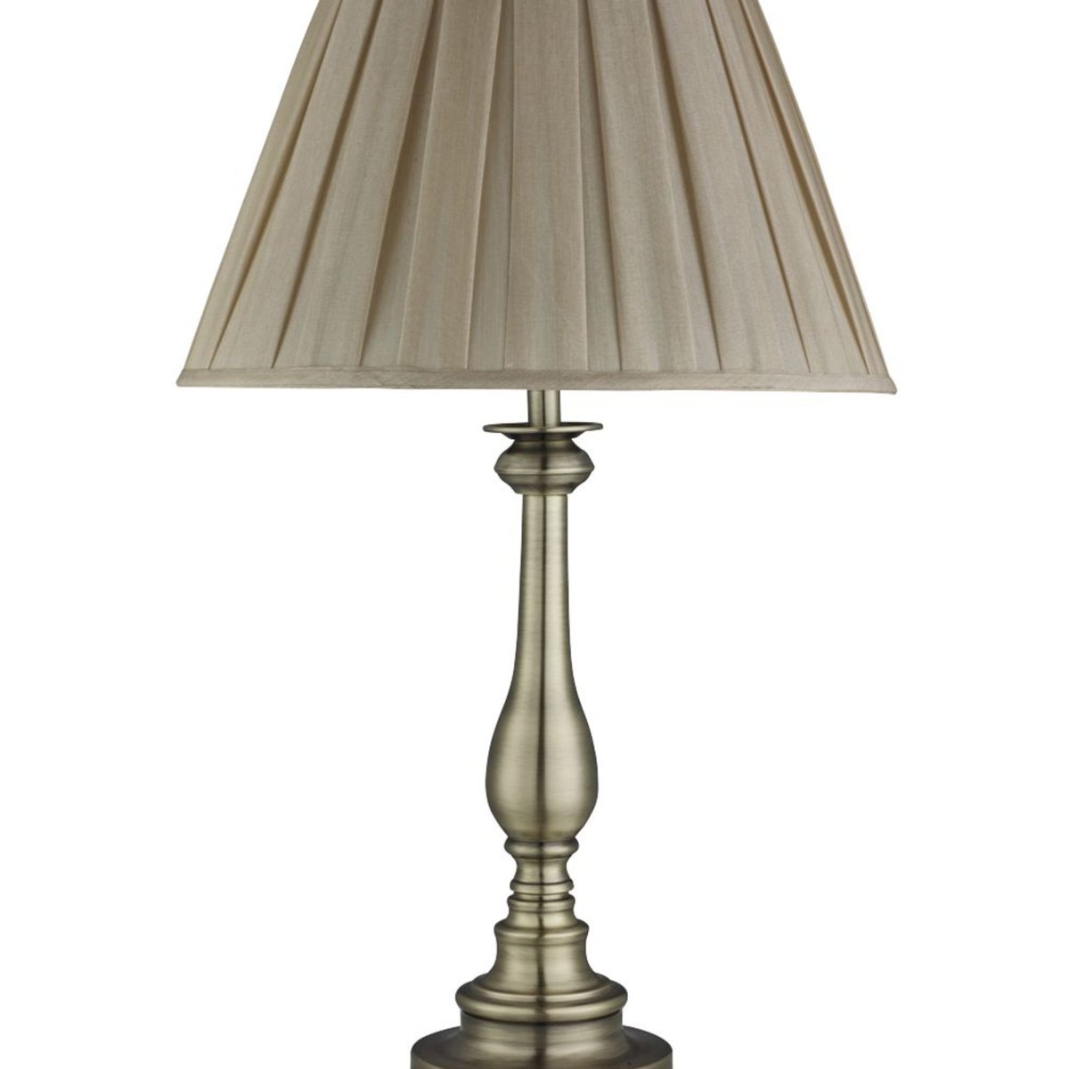 Flemish 62cm Antiek messing tafellamp Van Searchlight - Met een decoratieve metalen voet van antiek messing en een prachtig geplooide kap van zacht beige stof cre&euml;ert de lamp een warme en uitnodigende sfeer.