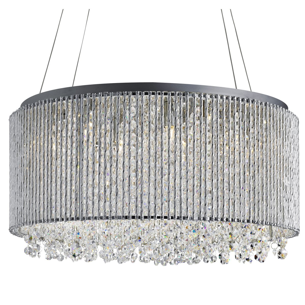 Elise Ø40 Chroom hanglamp Van Searchlight - Het gepolijste chromen frame is versierd met gedraaide aluminium staven en heldere kristallen druppels die het licht van de acht lichtbronnen weerkaatsen en een stijlvolle elegantie cre&euml;ren.