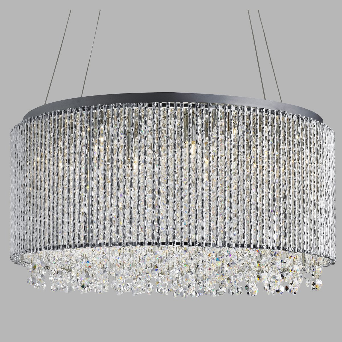Elise Ø40 Chroom hanglamp Van Searchlight - Het gepolijste chromen frame is versierd met gedraaide aluminium staven en heldere kristallen druppels die het licht van de acht lichtbronnen weerkaatsen en een stijlvolle elegantie cre&euml;ren.