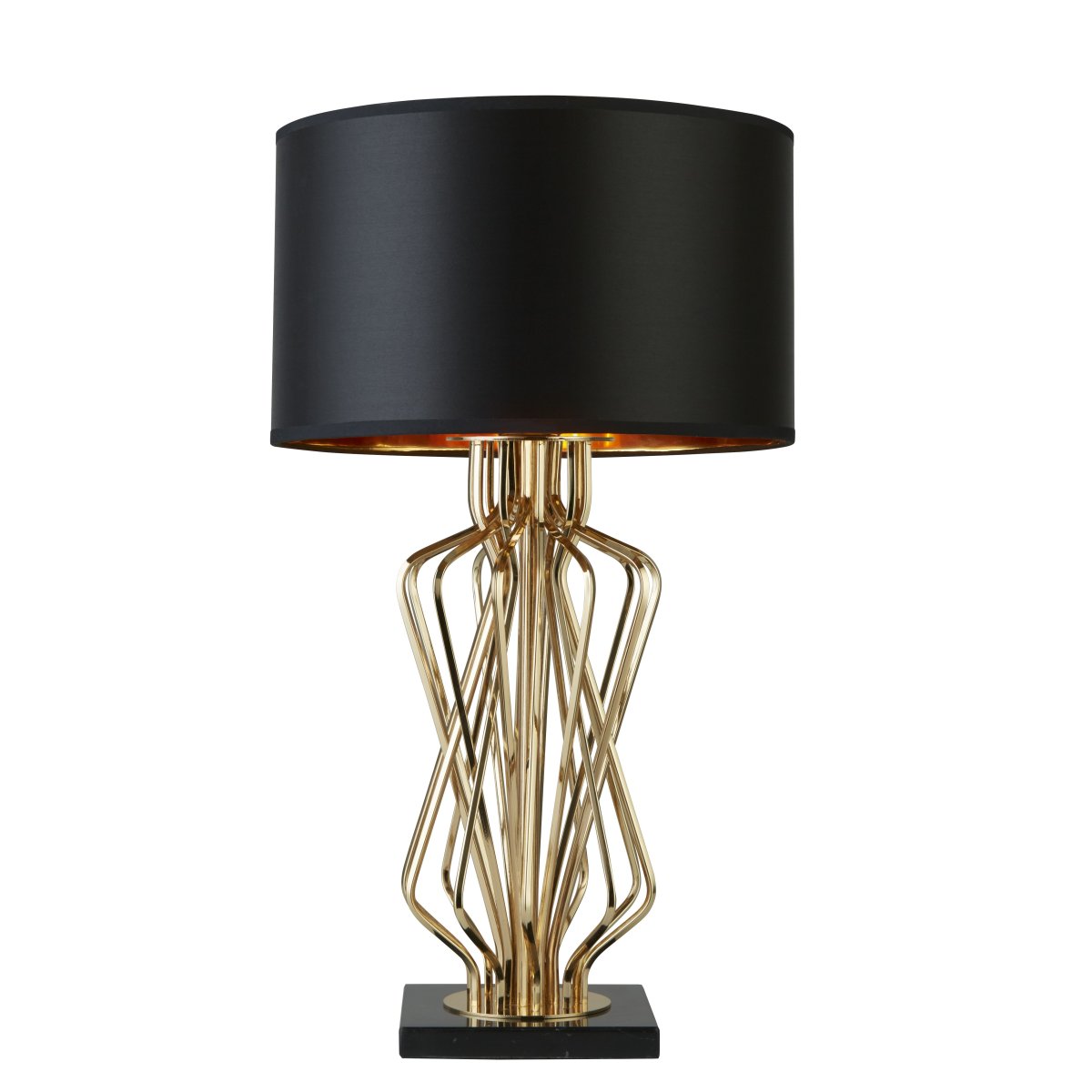 Ethan 72cm Goud tafellamp Van Searchlight - Deze luxe tafellamp combineert een opvallende gouden metalen voet met een strakke zwarte lampenkap, wat een dramatische en verfijnde look creëert.
