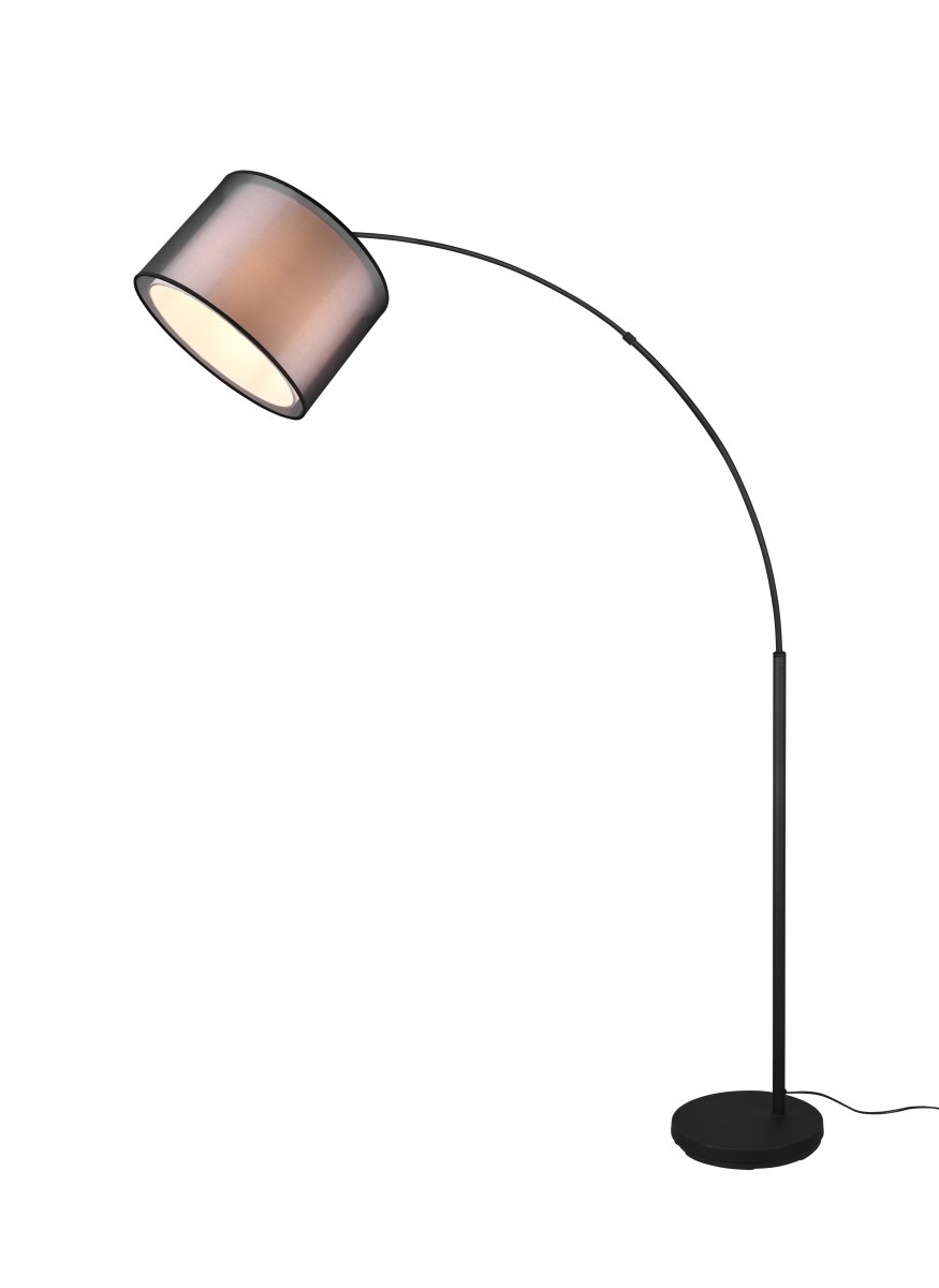 Burton Zwart vloerlamp Van Trio Lighting - De moderne combinatie van een witte stoffen binnenkap en een transparante zwarte kunststof buitenkap ziet er individueel en verfrissend uit en past perfect in een moderne levensstijl.