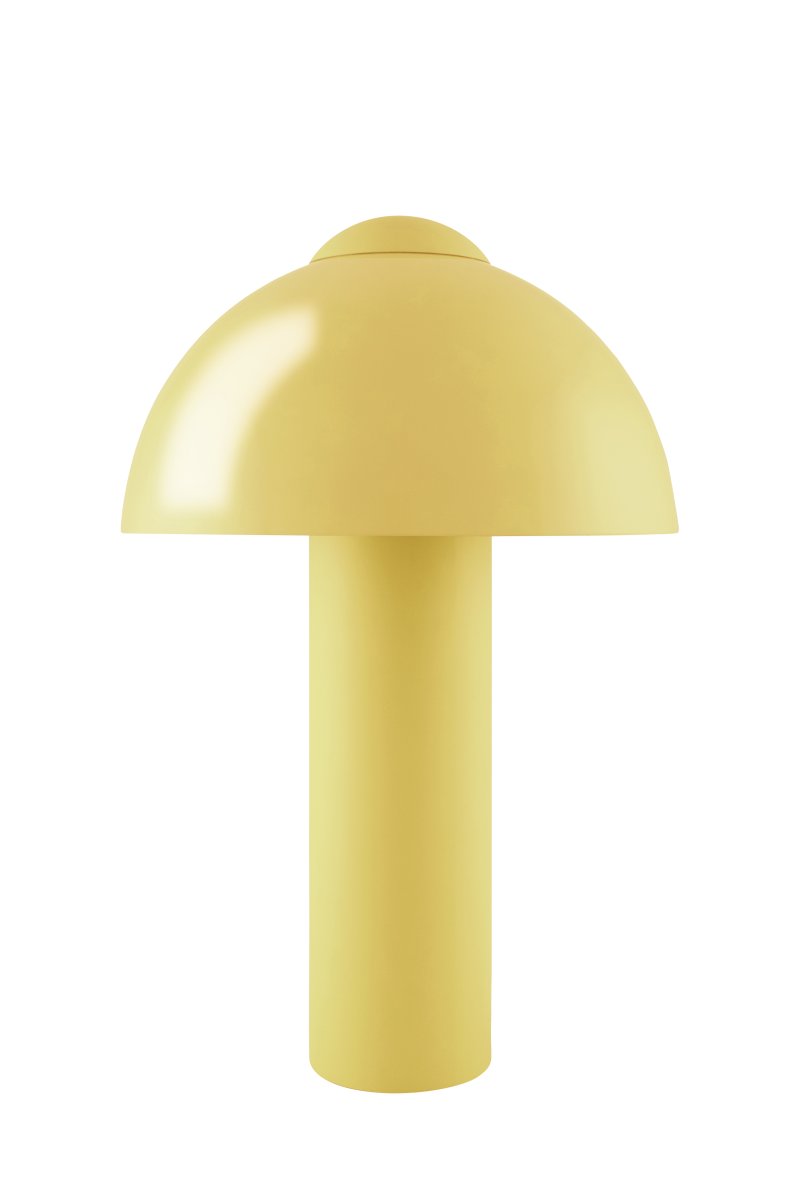 Buddy 36cm Geel tafellamp Van Globen Lighting - De matte lampvoet en -bovenkant contrasteren met een hoogglans lampenkap.