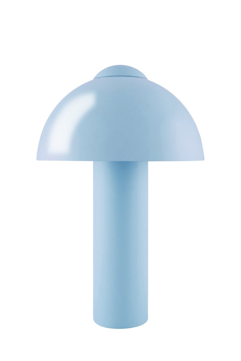 Buddy 36cm Lichtblauw tafellamp Van Globen Lighting - De matte lampvoet en -bovenkant contrasteren met een hoogglans lampenkap.