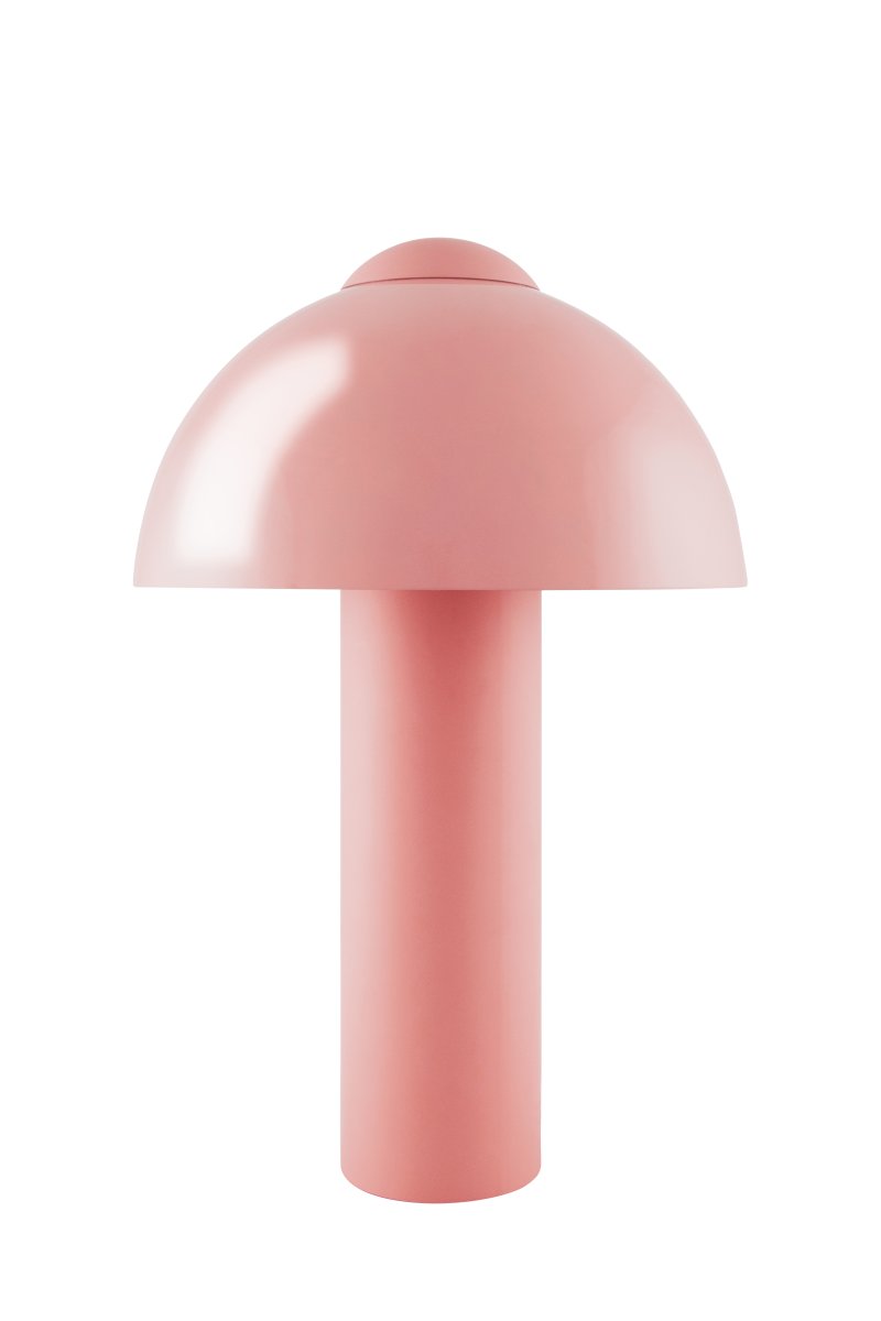 Buddy 36cm Roze tafellamp Van Globen Lighting - De matte lampvoet en -bovenkant contrasteren met een hoogglans lampenkap.