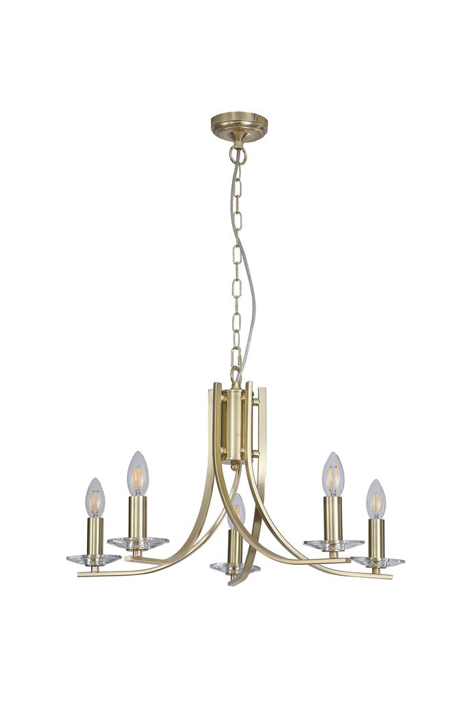 Ascona Ø62 Messing hanglamp Van Searchlight - Ascona is een metalen kroonluchter met een satijn messing afwerking en een zacht gebogen armontwerp dat een elegante, tijdloze uitstraling geeft.