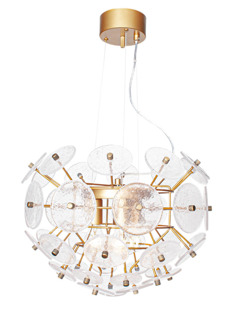 Retrow Ø50 hanglamp Van By Rydéns - Naast de glasplaten heeft de lamp matgouden details in de vorm van een plafondlamp en armen, wat een luxe uitstraling geeft.