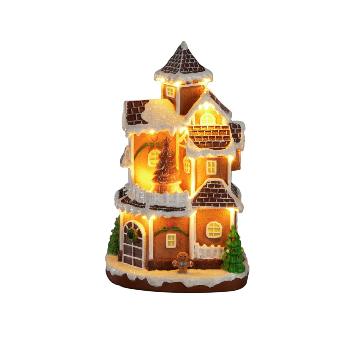 Peperkoekdorp 30cm Bruin Van Konstsmide - Het peperkoekdorpje werkt op 3 AA-batterijen (niet meegeleverd) en wordt geleverd met een USB-kabel voor gebruik met een snoer (transformator niet meegeleverd).