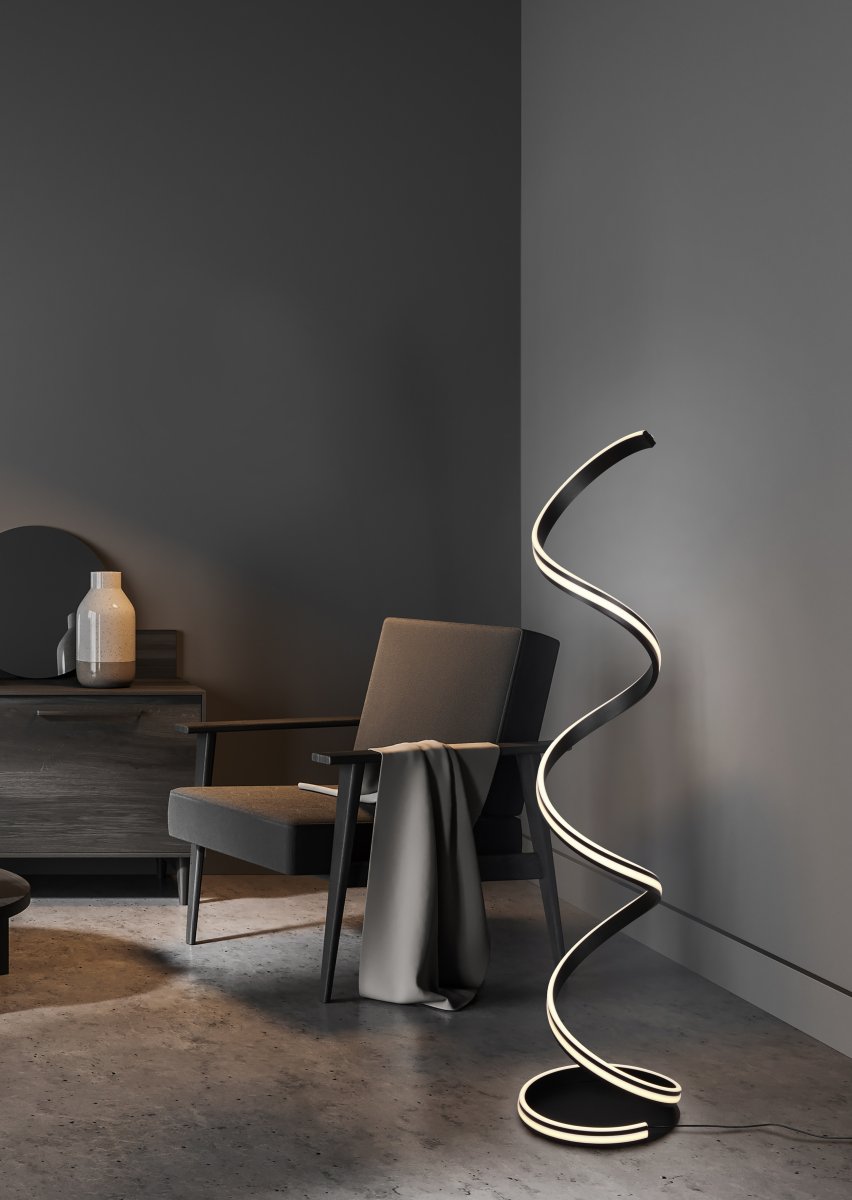Nuria Zwart vloerlamp Van Trio Lighting - Uitgerust met moderne LED-technologie, biedt het een hoge lichtkwaliteit en bespaart het tot 80% energie in vergelijking met halogeenlampen.