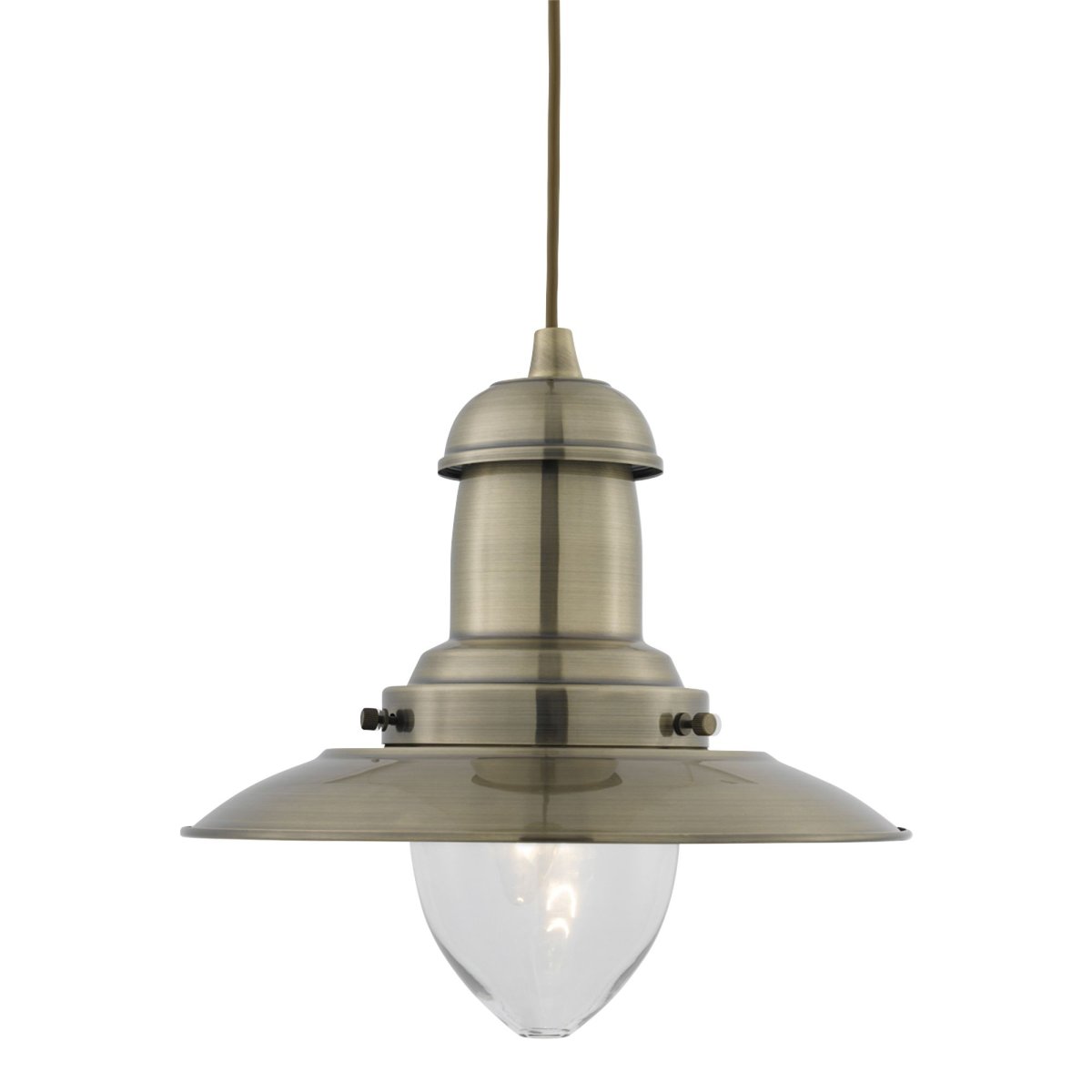Fisherman Ø32 Antiek messing hanglamp Van Searchlight - De Fisherman plafondlamp in antiek messing met een kap van helder glas heeft een robuust, landelijk design met een klassieke, industriële stijl.