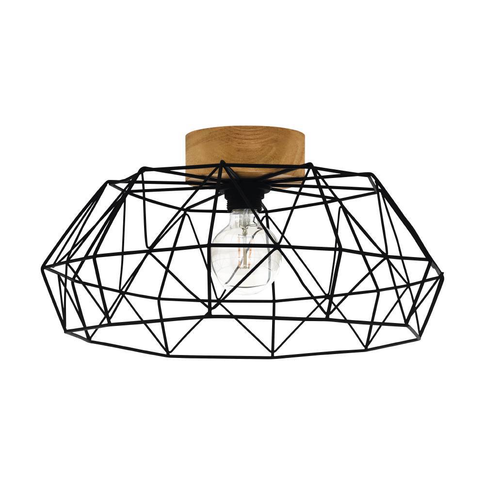 Padstow Ø45.5 Zwart plafondlamp Van Eglo - Met een zwart metalen frame in een opvallend veelhoekig ontwerp en een natuurlijk houten detail dat contrasteert met de industriële stijl, wordt deze lamp een kunstwerk op zich.