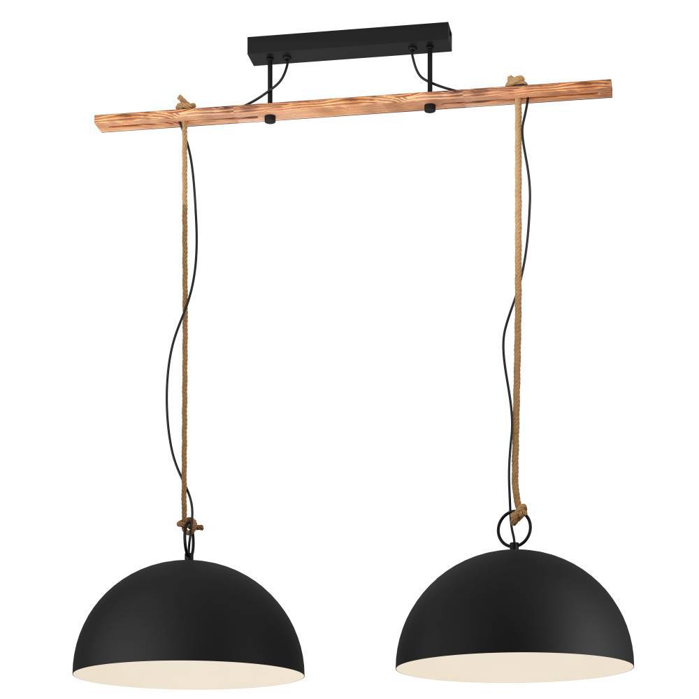 Hodsoll 125cm Zwart hanglamp Van Eglo - De plafondbevestiging is een combinatie van hout en zwart metaal, wat een rustieke en moderne uitstraling tegelijk geeft.