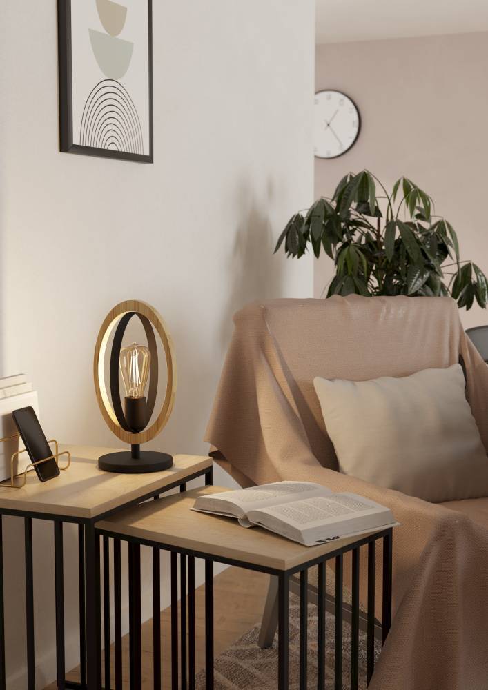 Basildon 35cm Zwart tafellamp Van Eglo - Dankzij het open design en de decoratieve lichtbron is de lamp zowel een functionele lichtbron als een mooi interieurdetail.