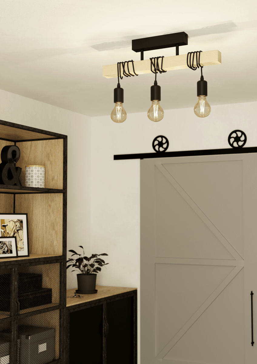 Townshend 55cm Hout plafondlamp Van Eglo - De drie kabels met E27 fittingen zijn om de houten balk gewikkeld, waardoor u de hoogte en de uitstraling naar eigen wens kunt aanpassen door ze te draaien.