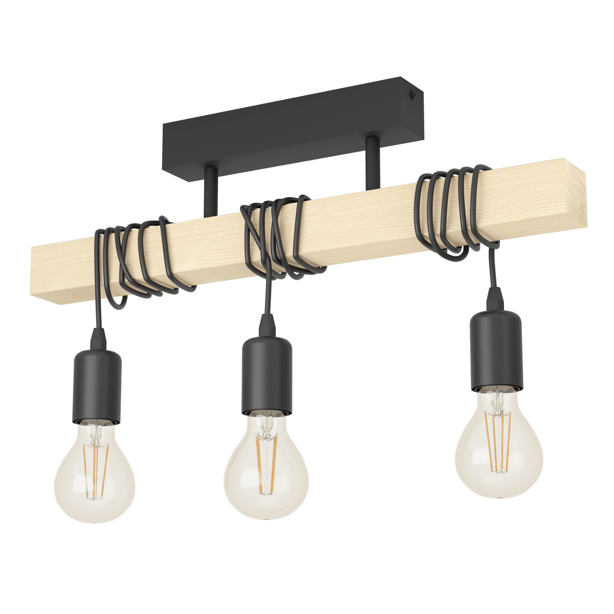 Townshend 55cm Hout plafondlamp Van Eglo - De drie kabels met E27 fittingen zijn om de houten balk gewikkeld, waardoor u de hoogte en de uitstraling naar eigen wens kunt aanpassen door ze te draaien.