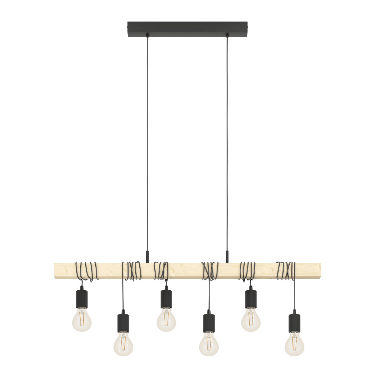 Townshend 100cm Hout hanglamp Van Eglo - De natuurlijke houten balk in combinatie met de zwarte details zorgt voor een warme en industri&euml;le uitstraling.