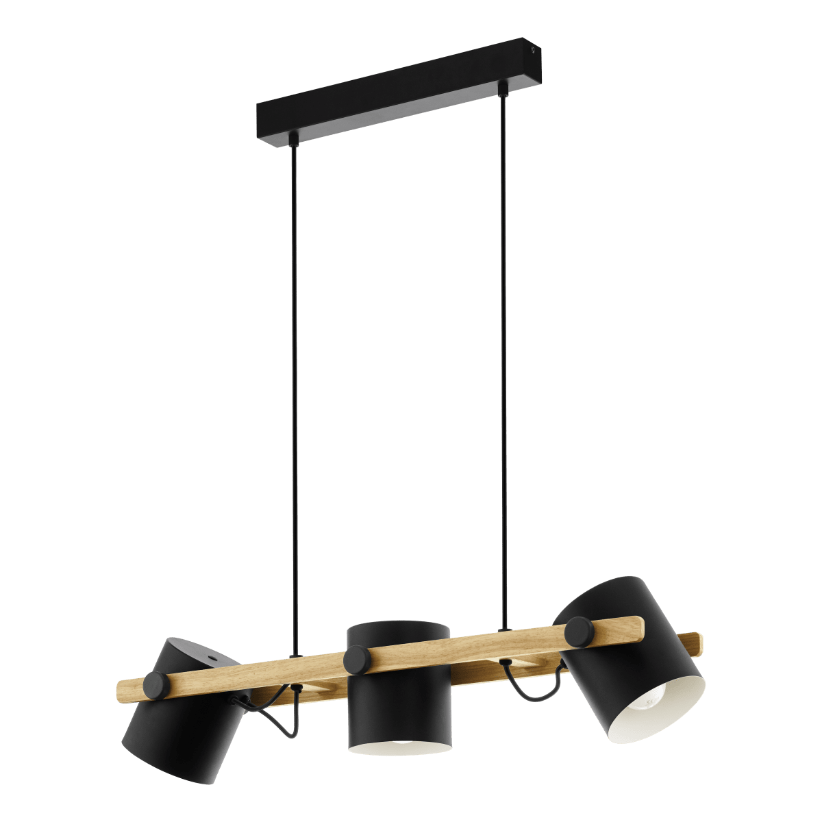Hornwood 78cm Zwart hanglamp Van Eglo - De drie verstelbare kappen in zwart met een witte binnenkant zorgen voor een effectief en aangenaam licht dat eenvoudig aan uw behoeften kan worden aangepast.