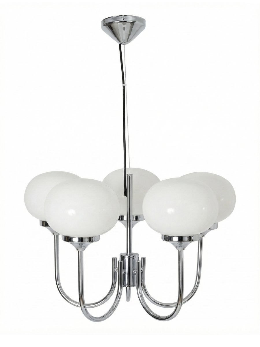 Elsy 5 Ø56 Chroom hanglamp Van PR Home - De lamp heeft vijf omhoog wijzende armen met witte glazen kappen die een zachte en aangename gloed verspreiden en zo een gezellige sfeer cre&euml;ren in bijvoorbeeld een woonkamer of eetkamer.