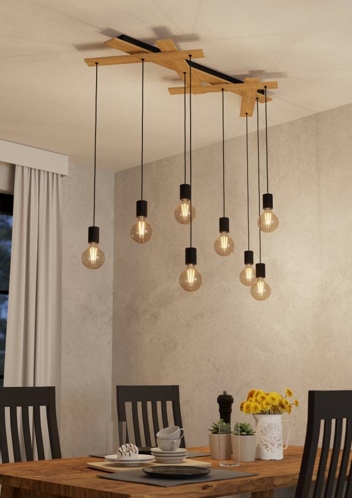 Monmount 108cm Zwart hanglamp Van Eglo - Met de op verschillende hoogtes hangende lichtbollen en het geometrisch gevormde houten frame cre&euml;ert het een uniek en dynamisch lichtspel.