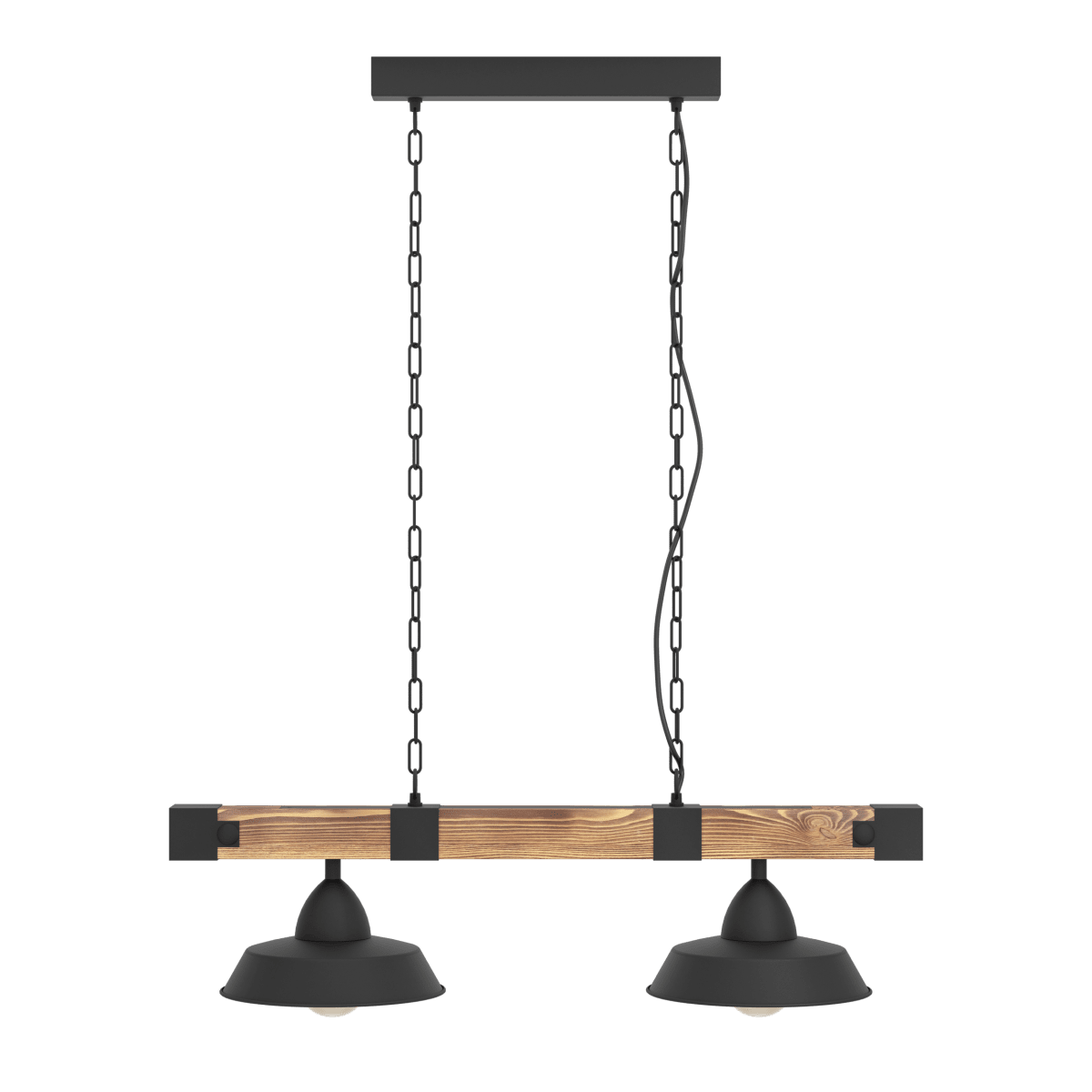 Oldbury 86cm Zwart hanglamp Van Eglo - De houten balk zorgt voor een warme sfeer, terwijl de twee zwarte kappen met een witte binnenkant een aangenaam en gericht licht verspreiden.