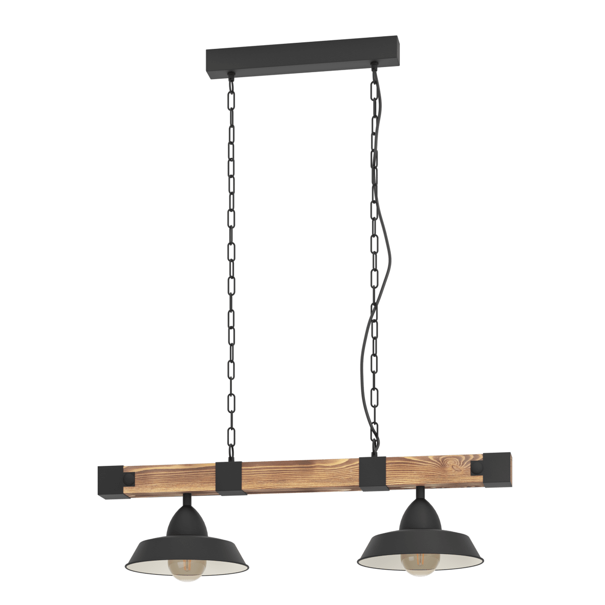 Oldbury 86cm Zwart hanglamp Van Eglo - De houten balk zorgt voor een warme sfeer, terwijl de twee zwarte kappen met een witte binnenkant een aangenaam en gericht licht verspreiden.