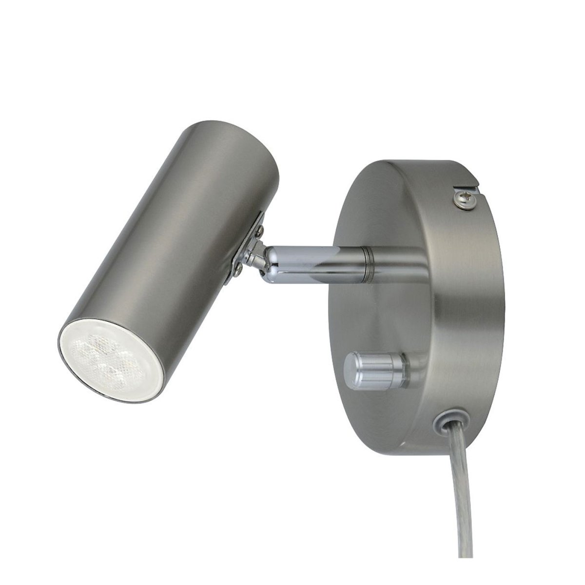 Mini Satijn nikkel leeslamp Van Oriva - Er zit een beweegbare spot op en een schakelaar met ingebouwde dimmer.