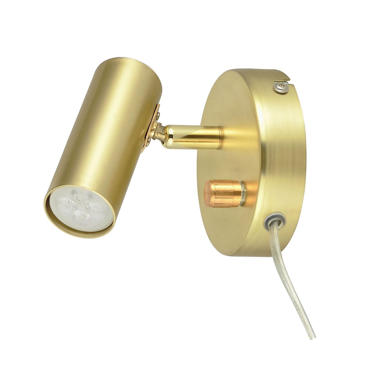 Mini Geborsteld messing leeslamp Van Oriva - Er zit een beweegbare spot op en een schakelaar met ingebouwde dimmer.