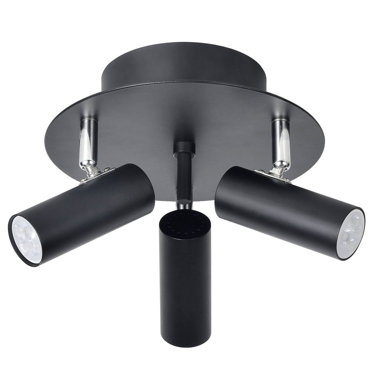 Mini 3 Zwart spot Van Oriva - Mini plafondlamp in zwart metaal met chromen details heeft drie beweegbare spots die voor flexibele en effectieve verlichting zorgen.