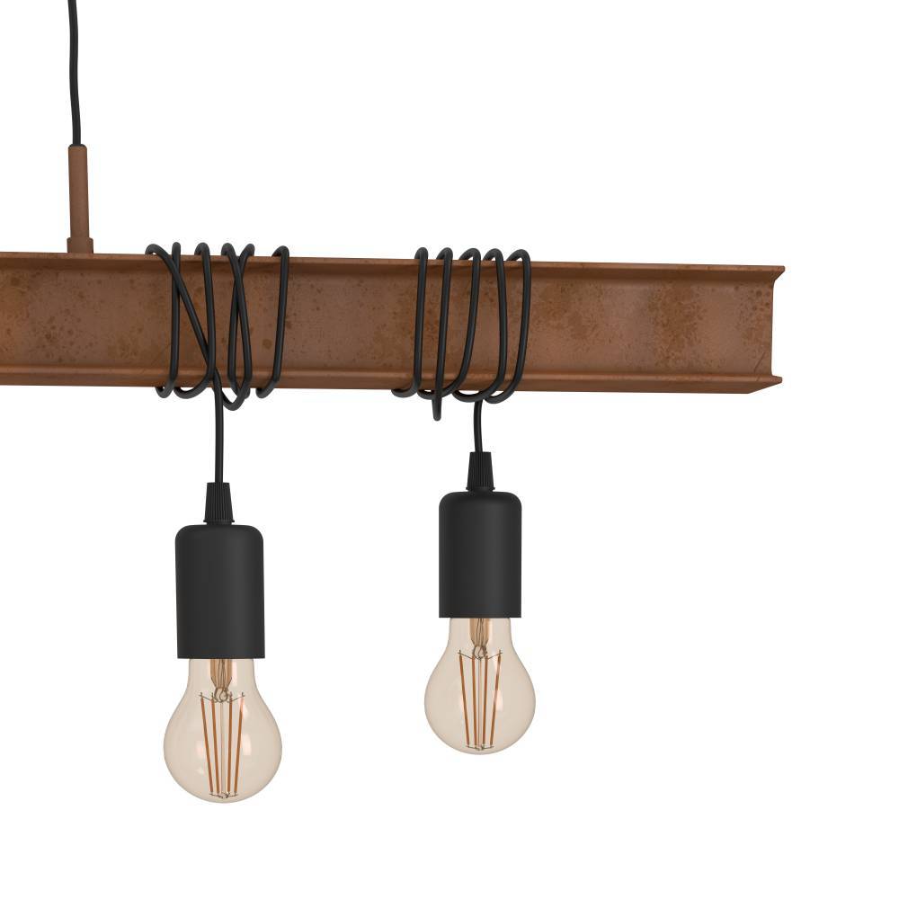 Townshend 100cm Bruin hanglamp Van Eglo - De lamp heeft een unieke en stijlvolle uitstraling dankzij de zes zichtbare lichtbollen die aan een bruin stalen frame en zwarte kabels hangen.