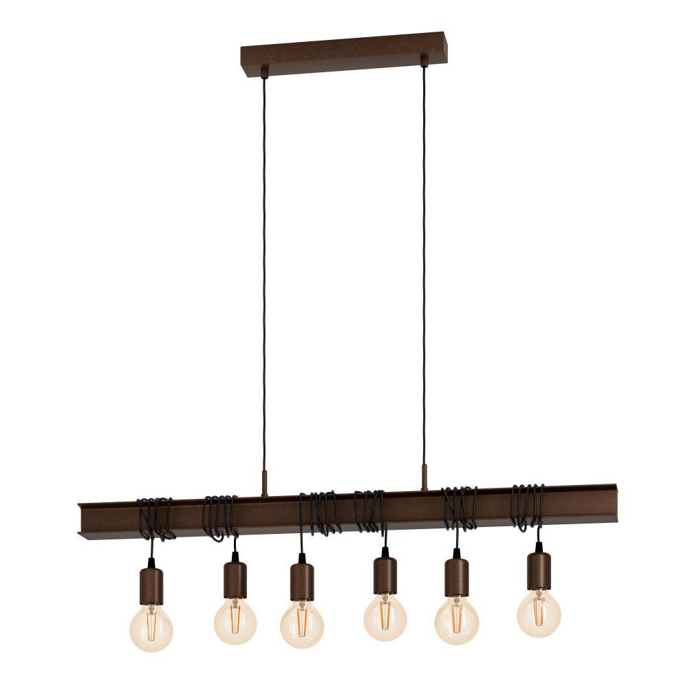 Townshend 100cm Bruin hanglamp Van Eglo - De lamp heeft een unieke en stijlvolle uitstraling dankzij de zes zichtbare lichtbollen die aan een bruin stalen frame en zwarte kabels hangen.