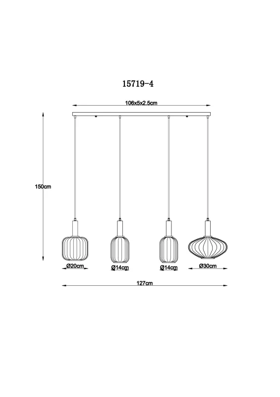 Valletta 127cm Zwart hanglamp Van Globo Lighting - &nbsp;Den mattsvarta metallstommen ger lampan en elegant och sofistikerad karakt&auml;r, medan de fyra h&auml;ngande glaskuporna i olika former och f&auml;rger &ndash; tv&aring; i varm b&auml;rnsten och tv&aring; i r&ouml;kf&auml;rgat glas &ndash; skapar en unik och levande ljusbild.