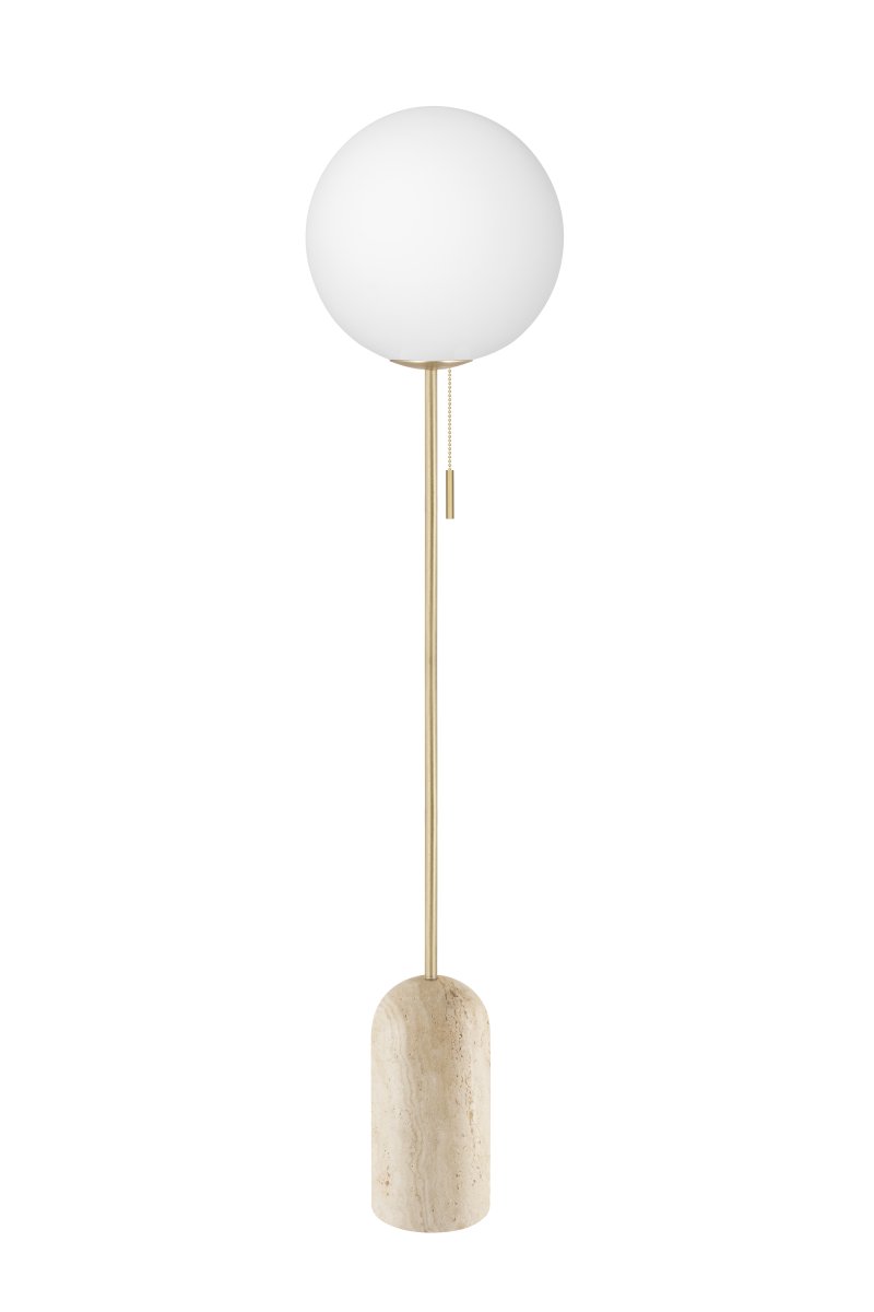 Torrano Beige travertijn vloerlamp Van Globen Lighting - Torrano heeft een voet van prachtig massief steen, metalen details en een glazen kap van mat wit glas.