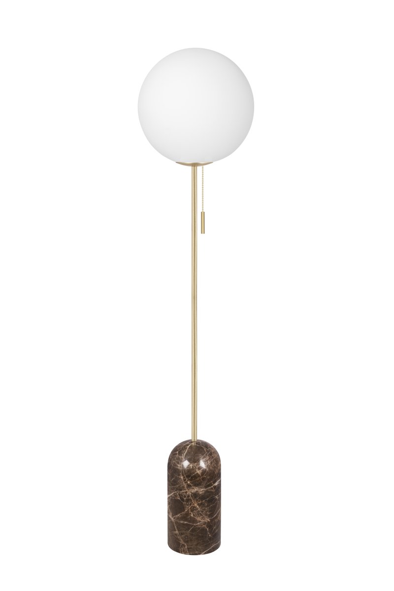 Torrano Bruin marmer vloerlamp Van Globen Lighting - Torrano heeft een voet van prachtig massief steen, metalen details en een glazen kap van mat wit glas.