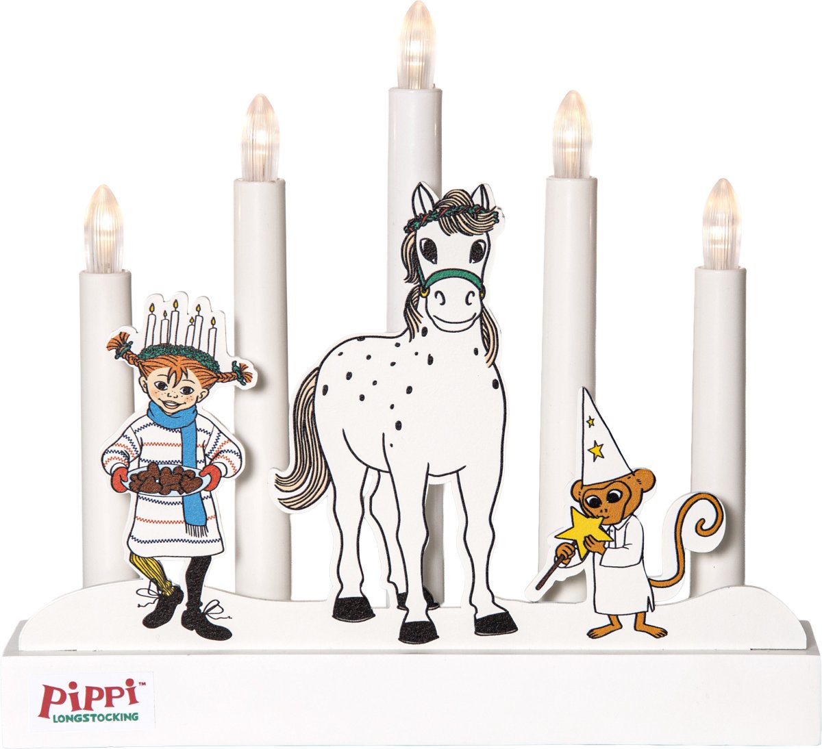 Pippi Wit Van Star Trading - De kandelaar werkt op 2 AA-batterijen en heeft een handige timerfunctie met 6 uur aan en 18 uur uit.