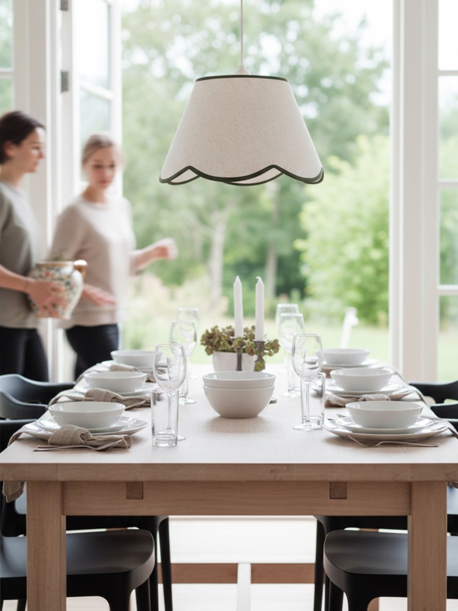 Nell Ø35 Beige/groen hanglamp Van PR Home - De zachte structuur en de decoratieve, golvende onderrand in donkergroen zorgen voor een elegante en harmonieuze uitstraling die zowel in moderne als meer traditionele interieurs past.