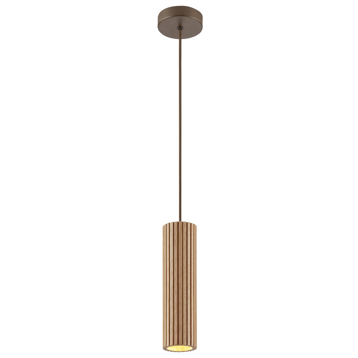 Lakewood Ø10 Hout hanglamp Van Brilliant - De hanglamp heeft een bruine metalen plafondkap en een bijpassende kabel die een harmonieus geheel vormen.
