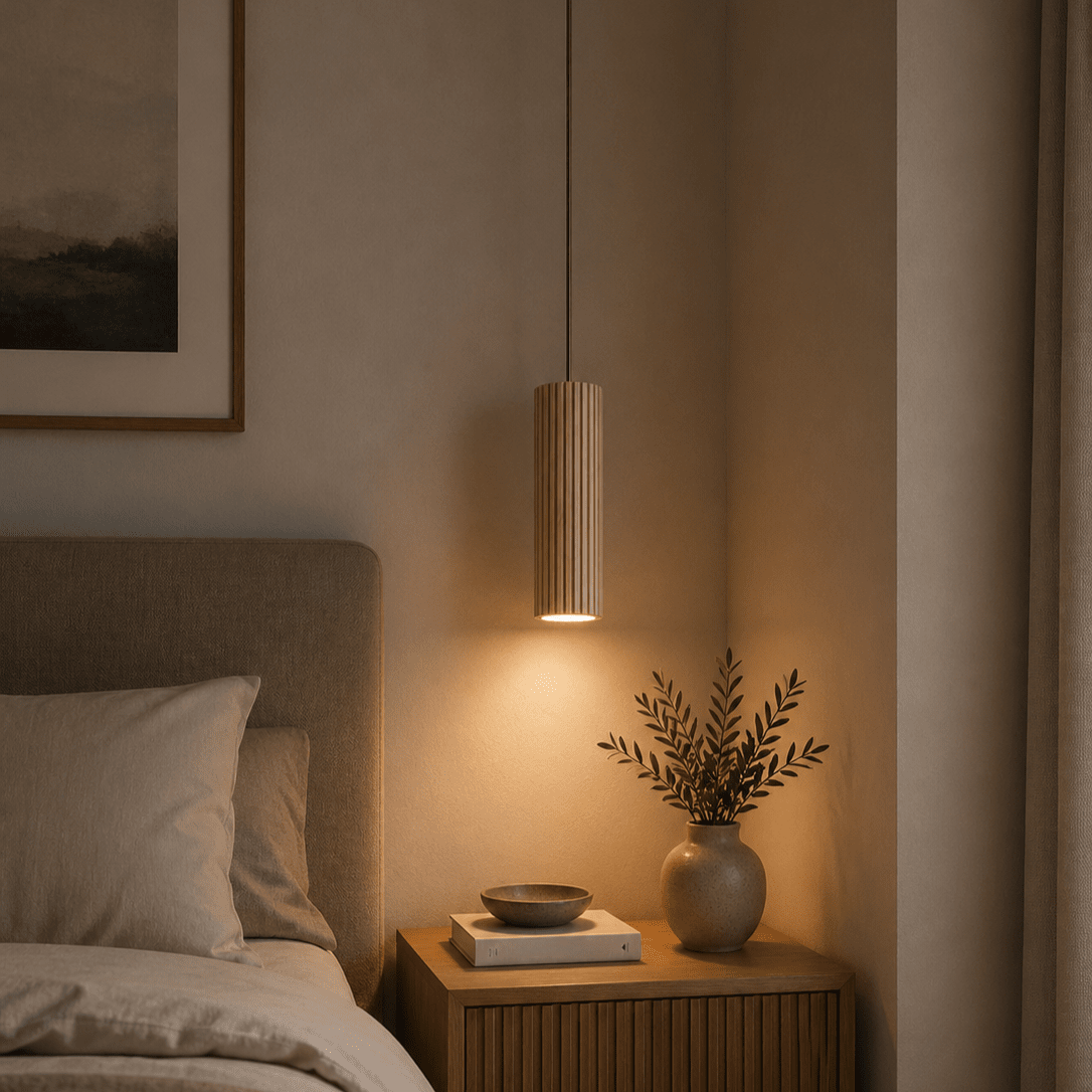 Lakewood Ø10 Hout hanglamp Van Brilliant - De hanglamp heeft een bruine metalen plafondkap en een bijpassende kabel die een harmonieus geheel vormen.