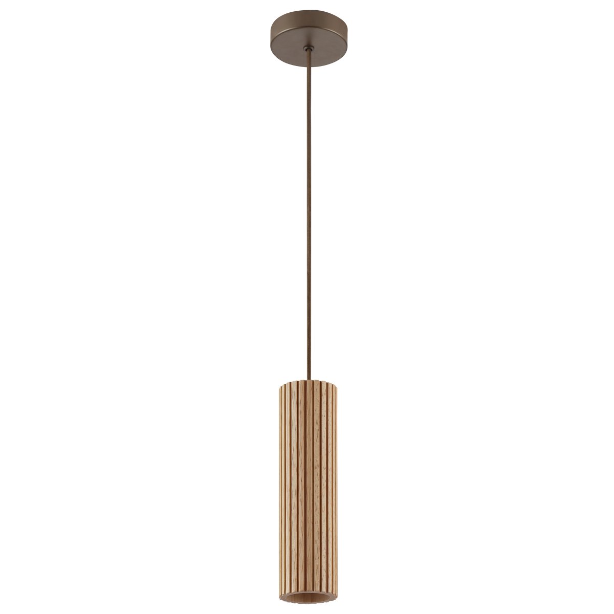 Lakewood Ø10 Hout hanglamp Van Brilliant - De hanglamp heeft een bruine metalen plafondkap en een bijpassende kabel die een harmonieus geheel vormen.