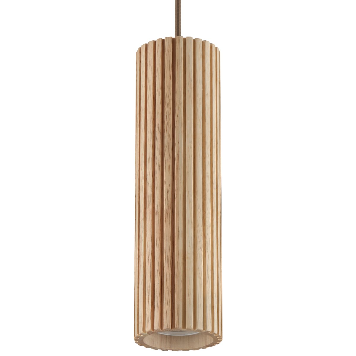 Lakewood Ø10 Hout hanglamp Van Brilliant - De hanglamp heeft een bruine metalen plafondkap en een bijpassende kabel die een harmonieus geheel vormen.