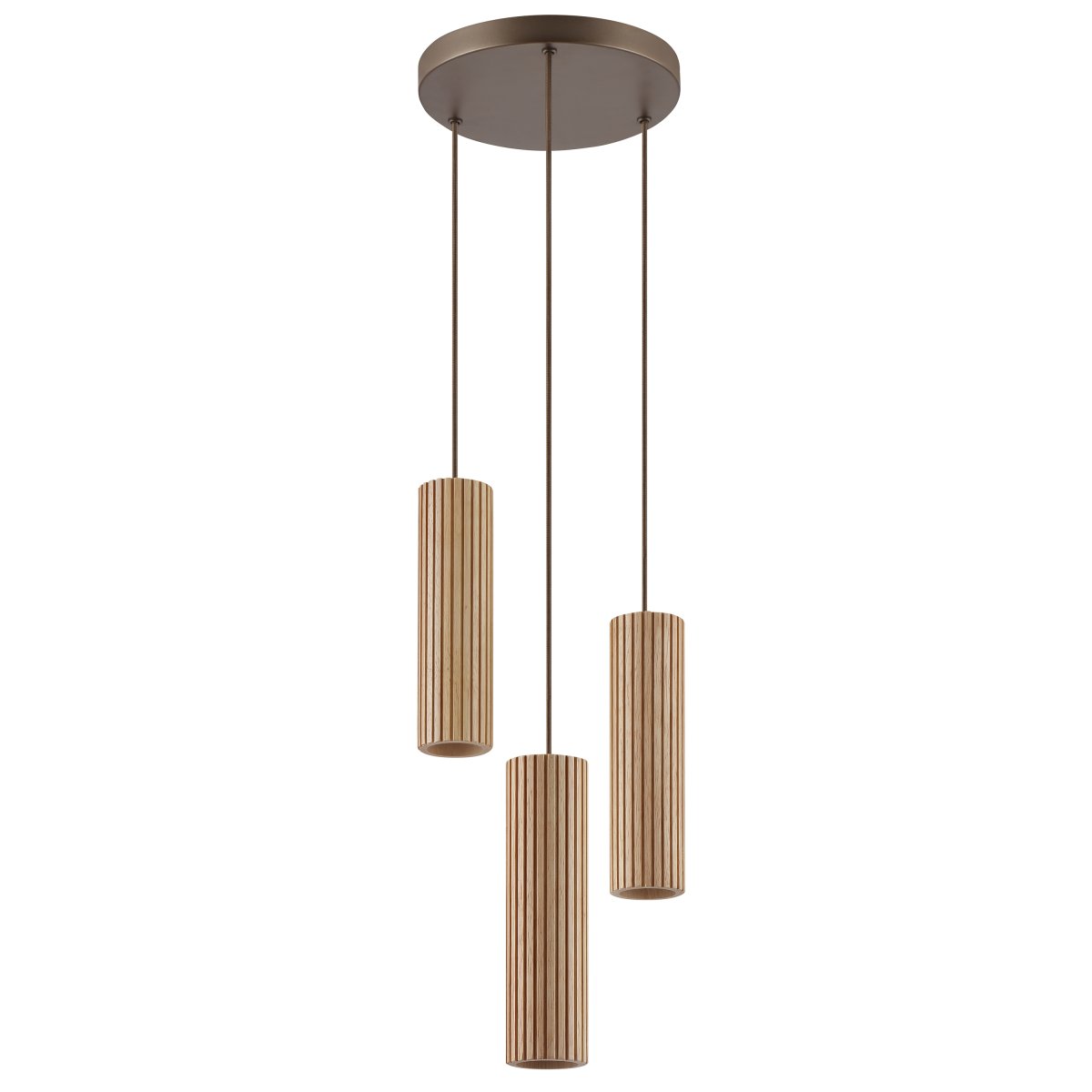 Lakewood Ø28 Hout hanglamp Van Brilliant - De pendels hangen aan een ronde plafondkap van bijpassend bruin metaal en de hoogte kan tijdens de installatie worden aangepast aan de ruimte en de gewenste sfeer.