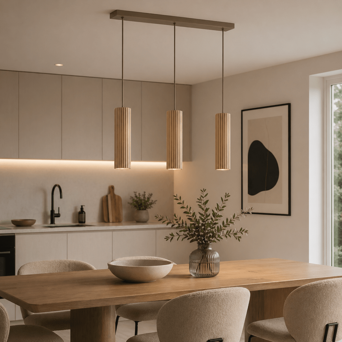 Lakewood 50cm Hout hanglamp Van Brilliant - De drie kappen zijn op een rij geplaatst en de hoogte kan tijdens de installatie worden aangepast aan de ruimte en de gewenste plaatsing.