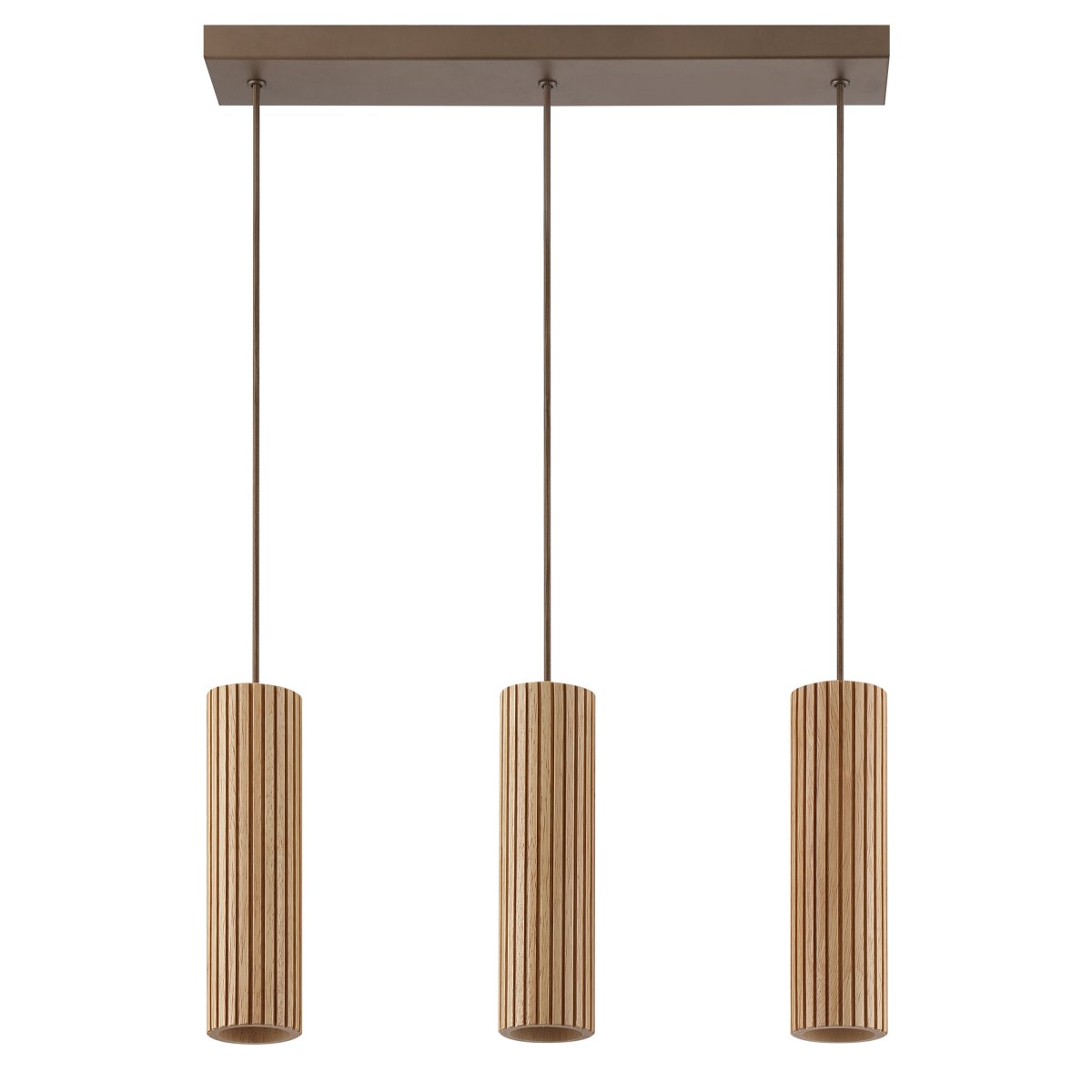 Lakewood 50cm Hout hanglamp Van Brilliant - De drie kappen zijn op een rij geplaatst en de hoogte kan tijdens de installatie worden aangepast aan de ruimte en de gewenste plaatsing.