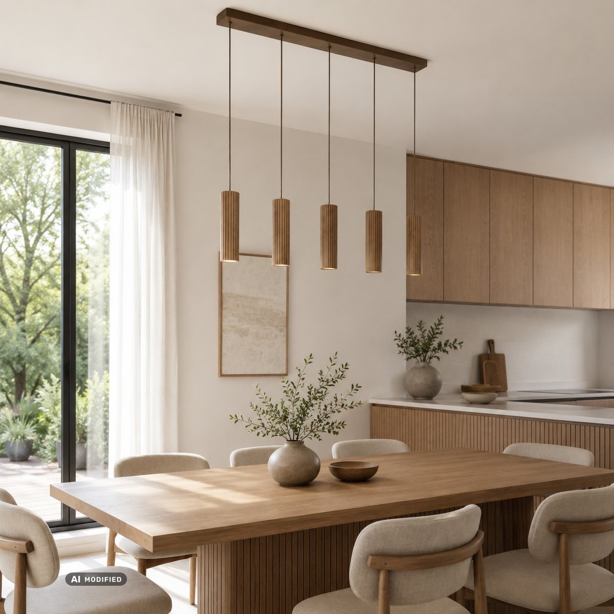 Lakewood 95cm Hout hanglamp Van Brilliant - De vijf kappen zijn op een rij geplaatst en de hoogte kan tijdens de installatie worden aangepast aan de ruimte en de gewenste plaatsing.